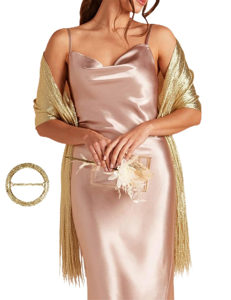 BANETTETA Gold Shawl for Women Dressy Shawls and Wraps for Evening Dresses with Buckle for Evening Party Dresses Wedding Party Dress (Gold) - Image 1